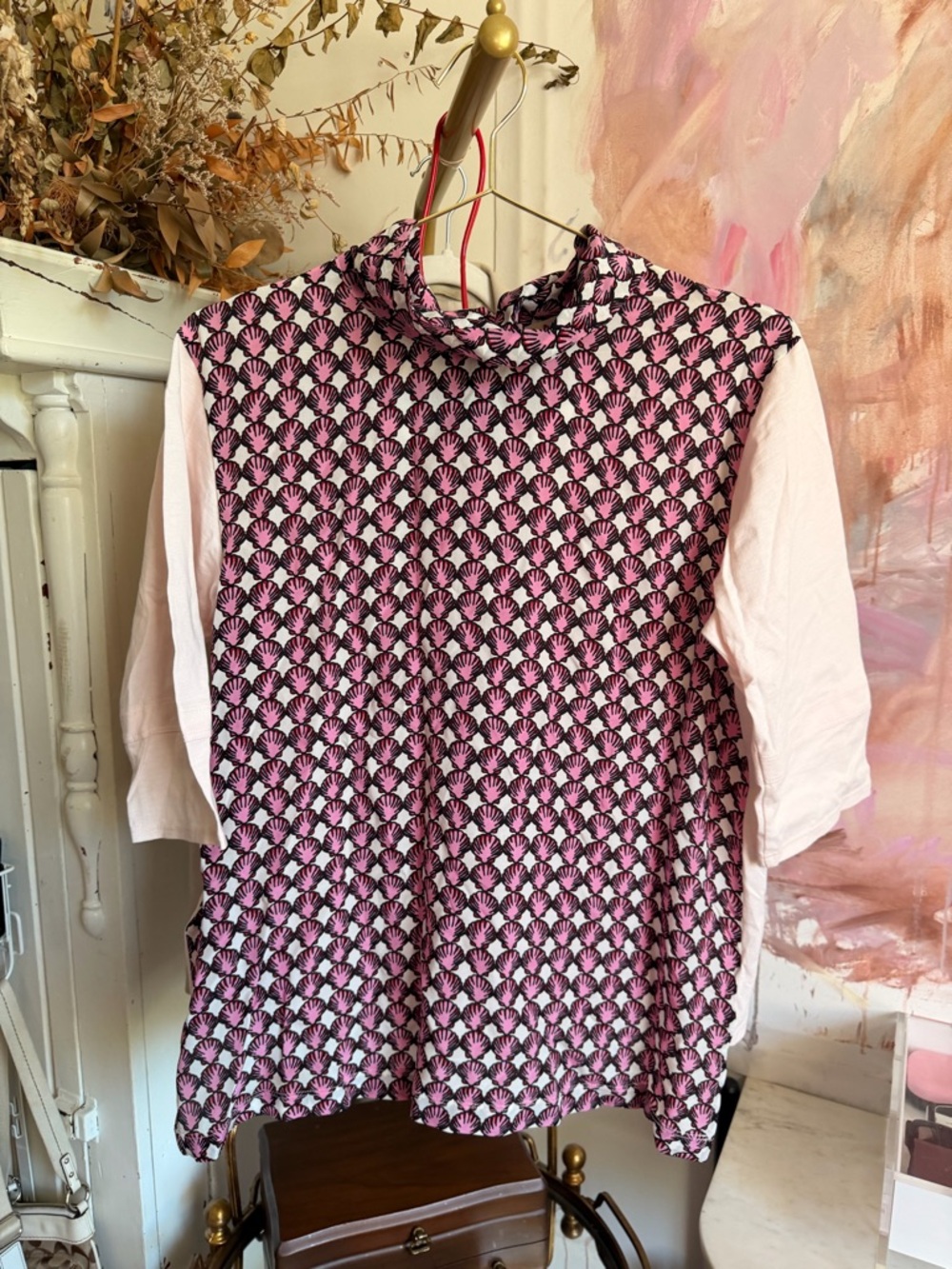 Marni Pink Patterned Mock Neck Short Sleeve Top